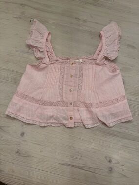 LoveShackFancy Pale Pink Eyelet Lace Ruffled Tank